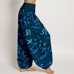 Buddha Stones Pure Cotton Blue OM Symbol Pattern Women's Elastic Waist Harem Pants