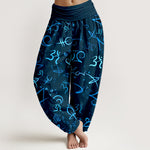 Buddha Stones Pure Cotton Blue OM Symbol Pattern Women's Elastic Waist Harem Pants