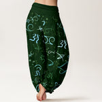 Buddha Stones Pure Cotton Blue OM Symbol Pattern Women's Elastic Waist Harem Pants