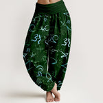 Buddha Stones Pure Cotton Blue OM Symbol Pattern Women's Elastic Waist Harem Pants