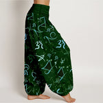 Buddha Stones Pure Cotton Blue OM Symbol Pattern Women's Elastic Waist Harem Pants