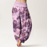 Buddha Stones Pure Cotton Cloud Medallion and Bird Pattern Women's Elastic Waist Harem Pants