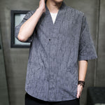 Buddha Stones Summer V-Neck Buttons Shattered Pattern Men's Short Sleeve Shirt With Pockets