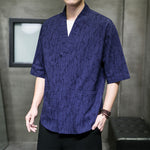 Buddha Stones Summer V-Neck Buttons Shattered Pattern Men's Short Sleeve Shirt With Pockets