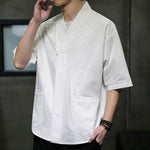 Buddha Stones Summer V-Neck Buttons Shattered Pattern Men's Short Sleeve Shirt With Pockets
