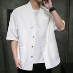 Buddha Stones Summer V-Neck Buttons Shattered Pattern Men's Short Sleeve Shirt With Pockets