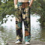 Buddha Stones Cotton Peony Chrysanthemum Turquoise Floral Pattern Men's Tapered Pants With Pockets