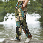 Buddha Stones Cotton Peony Chrysanthemum Turquoise Floral Pattern Men's Tapered Pants With Pockets