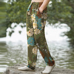 Buddha Stones Cotton Peony Chrysanthemum Turquoise Floral Pattern Men's Tapered Pants With Pockets