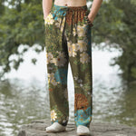 Buddha Stones Cotton Peony Chrysanthemum Turquoise Floral Pattern Men's Tapered Pants With Pockets