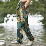 Buddha Stones Cotton Peony Chrysanthemum Turquoise Floral Pattern Men's Tapered Pants With Pockets