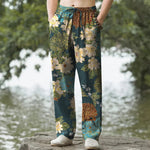 Buddha Stones Cotton Peony Chrysanthemum Turquoise Floral Pattern Men's Tapered Pants With Pockets
