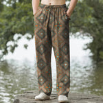 Buddha Stones Cotton Bohemian Diamond Floral Pattern Men's Tapered Pants With Pockets