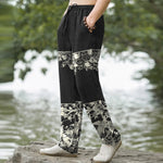 Buddha Stones Cotton Ivory Floral Band Pattern Men's Tapered Pants With Pockets
