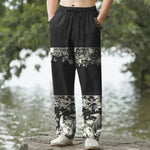 Buddha Stones Cotton Ivory Floral Band Pattern Men's Tapered Pants With Pockets