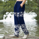 Buddha Stones Cotton Ivory Floral Band Pattern Men's Tapered Pants With Pockets