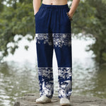 Buddha Stones Cotton Ivory Floral Band Pattern Men's Tapered Pants With Pockets