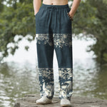 Buddha Stones Cotton Ivory Floral Band Pattern Men's Tapered Pants With Pockets