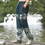 Buddha Stones Cotton Ivory Floral Band Pattern Men's Tapered Pants With Pockets