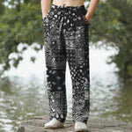 Buddha Stones Cotton Black White Paisley Patchwork Pattern Men's Tapered Pants With Pockets