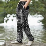 Buddha Stones Cotton Black White Paisley Patchwork Pattern Men's Tapered Pants With Pockets