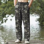 Buddha Stones Cotton Ivory Elephant Mandala Geometry Pattern Men's Tapered Pants With Pockets