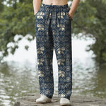Buddha Stones Cotton Ivory Elephant Mandala Geometry Pattern Men's Tapered Pants With Pockets