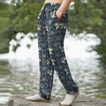 Buddha Stones Cotton Ivory Elephant Mandala Geometry Pattern Men's Tapered Pants With Pockets
