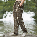 Buddha Stones Cotton Ivory Elephant Mandala Geometry Pattern Men's Tapered Pants With Pockets