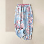 Buddha Stones Pure Cotton Romantic Pink Floral Pattern Women's Elastic Waist Pants With Pockets