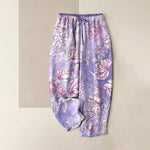 Buddha Stones Pure Cotton Romantic Pink Floral Pattern Women's Elastic Waist Pants With Pockets
