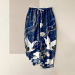Buddha Stones Pure Cotton Elegant Crane Floral Pattern Women's Elastic Waist Pants With Pockets