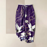 Buddha Stones Pure Cotton Elegant Crane Floral Pattern Women's Elastic Waist Pants With Pockets