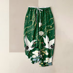 Buddha Stones Pure Cotton Elegant Crane Floral Pattern Women's Elastic Waist Pants With Pockets