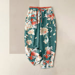 Buddha Stones Pure Cotton Lotus Red Koi Fish Pattern Women's Elastic Waist Pants With Pockets