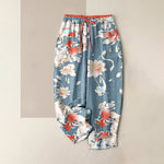 Buddha Stones Pure Cotton Lotus Red Koi Fish Pattern Women's Elastic Waist Pants With Pockets