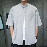 Buddha Stones Summer Casual Mandarin Collar Pinstripe Pattern Button Up Men's Short Sleeve Shirts