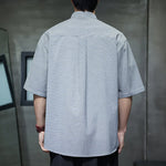 Buddha Stones Summer Casual Mandarin Collar Pinstripe Pattern Button Up Men's Short Sleeve Shirts