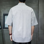 Buddha Stones Summer Casual Mandarin Collar Pinstripe Pattern Button Up Men's Short Sleeve Shirts