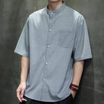 Buddha Stones Summer Casual Mandarin Collar Pinstripe Pattern Button Up Men's Short Sleeve Shirts
