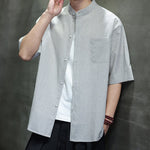 Buddha Stones Summer Casual Mandarin Collar Pinstripe Pattern Button Up Men's Short Sleeve Shirts