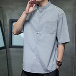 Buddha Stones Summer Casual Mandarin Collar Pinstripe Pattern Button Up Men's Short Sleeve Shirts