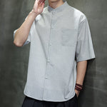 Buddha Stones Summer Casual Mandarin Collar Pinstripe Pattern Button Up Men's Short Sleeve Shirts
