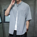 Buddha Stones Summer Casual Mandarin Collar Pinstripe Pattern Button Up Men's Short Sleeve Shirts