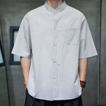 Buddha Stones Summer Casual Mandarin Collar Pinstripe Pattern Button Up Men's Short Sleeve Shirts