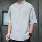 Buddha Stones Summer Casual Mandarin Collar Pinstripe Pattern Button Up Men's Short Sleeve Shirts