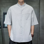 Buddha Stones Summer Casual Mandarin Collar Pinstripe Pattern Button Up Men's Short Sleeve Shirts