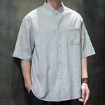 Buddha Stones Summer Casual Mandarin Collar Pinstripe Pattern Button Up Men's Short Sleeve Shirts