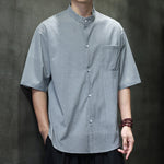 Buddha Stones Summer Casual Mandarin Collar Pinstripe Pattern Button Up Men's Short Sleeve Shirts