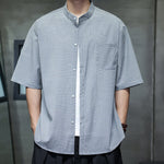 Buddha Stones Summer Casual Mandarin Collar Pinstripe Pattern Button Up Men's Short Sleeve Shirts
